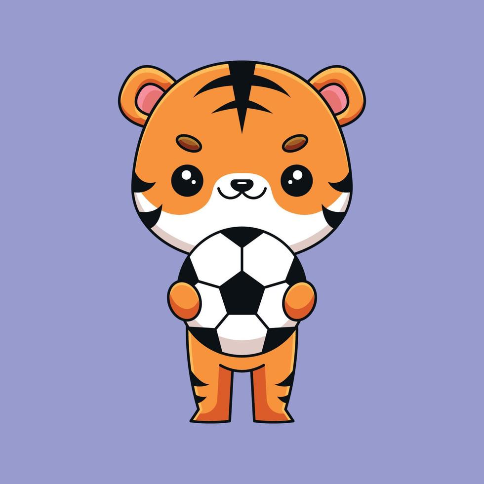 tigre mignon tenant ballon de football dessin animé mascotte doodle art dessiné à la main concept vecteur kawaii icône illustration