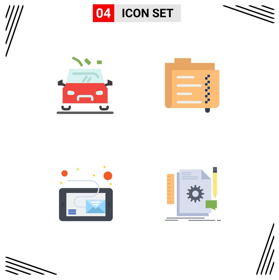 4 icônes plates universelles définies pour les applications web et mobiles courrier électronique de voiture message de document de route éléments de conception vectoriels modifiables vecteur