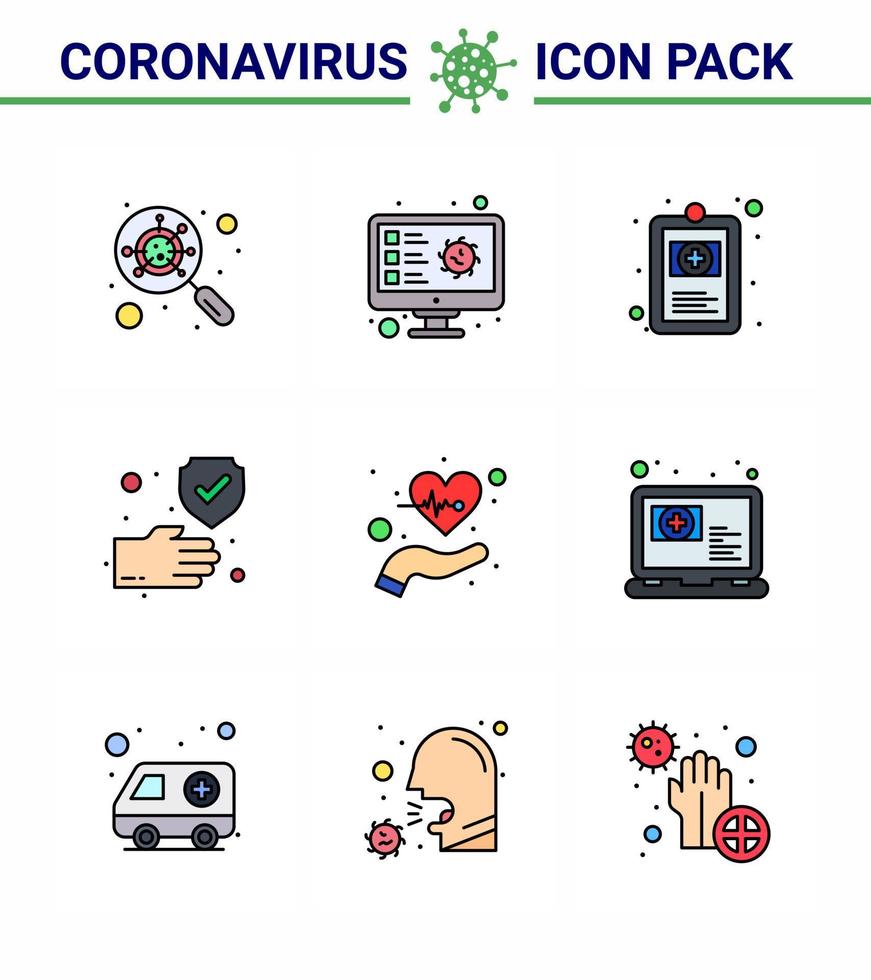 icône de sensibilisation au coronavirus 9 icônes de couleur plate ligne remplie icône incluse battement protection record maladie de la main coronavirus viral 2019nov éléments de conception de vecteur de maladie