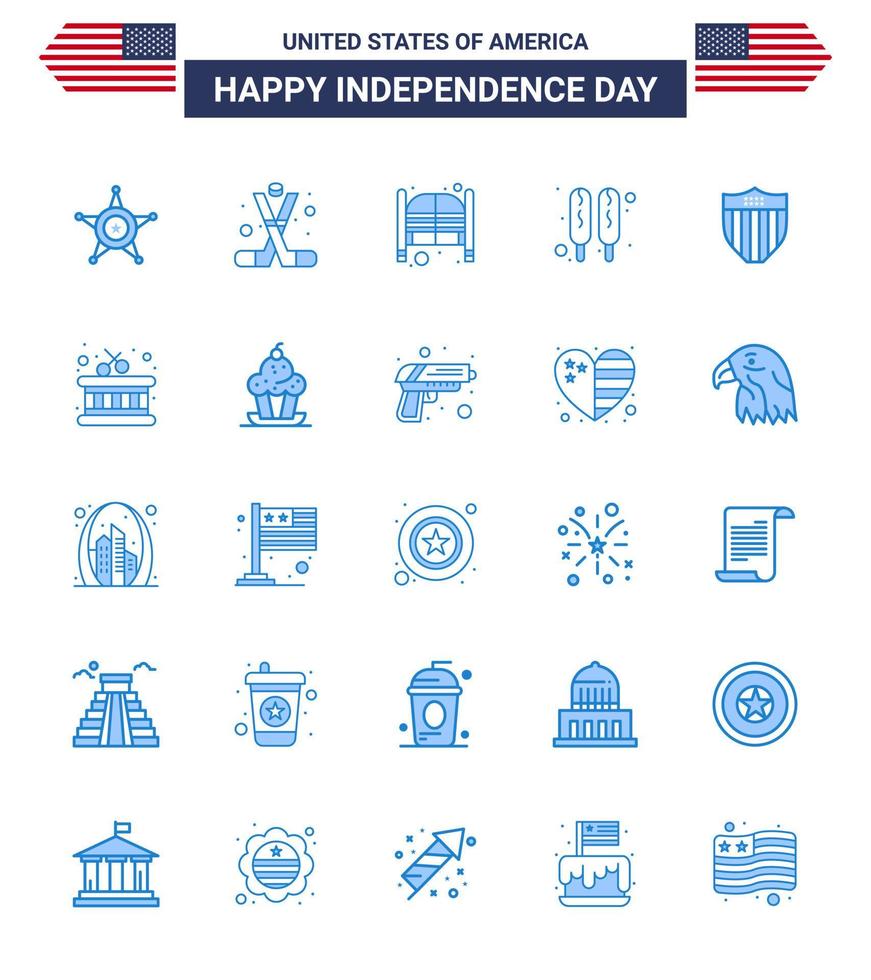 fête de l'indépendance des états-unis ensemble bleu de 25 pictogrammes américains de hot-dog américain amérique corn dog day modifiable usa day vector design elements