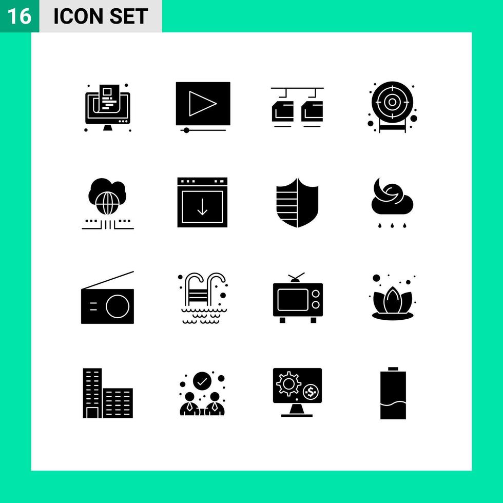 ensemble de 16 glyphes solides vectoriels sur la grille pour les fléchettes cibles de câbles du monde du réseau éléments de conception vectoriels modifiables vecteur