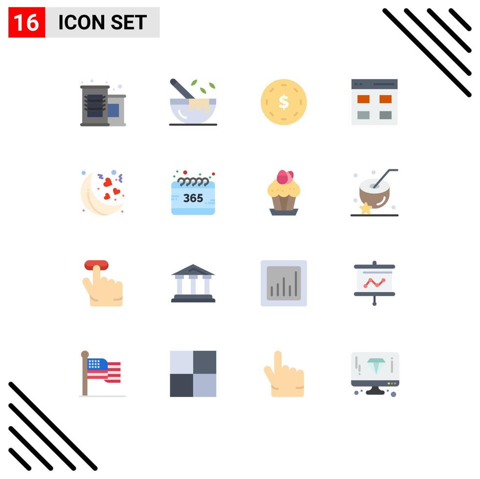 ensemble de 16 symboles d'icônes d'interface utilisateur modernes signes pour la saint-valentin lune finance utilisateur grille modifiable pack d'éléments de conception de vecteur créatif