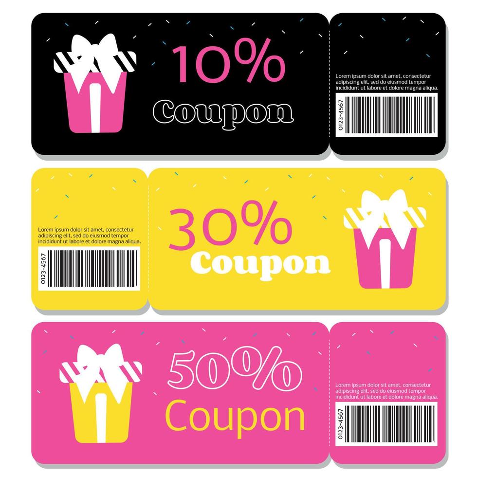 modèle de vecteur de coupon de réduction. coupons jaunes, roses et noirs avec icône de réduction et de cadeau.