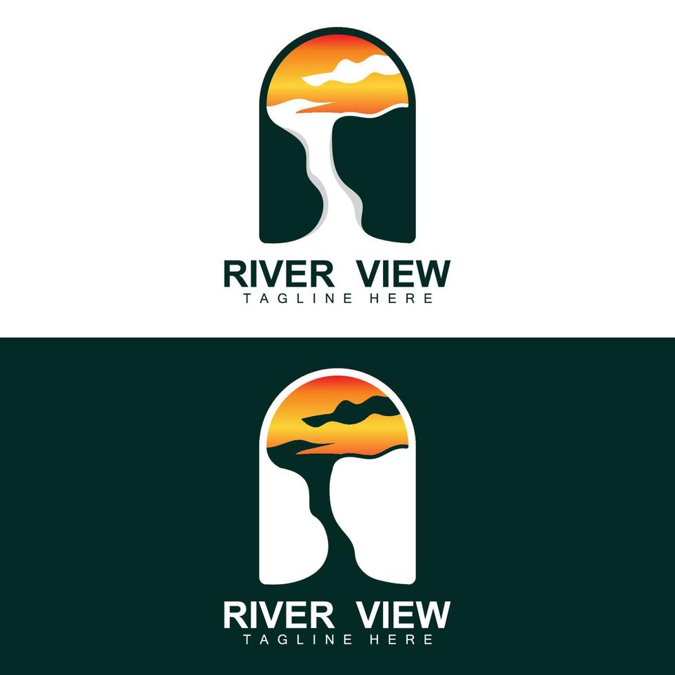 création de logo de rivière, vecteur de ruisseau de rivière, illustration au bord de la rivière avec une combinaison de montagnes et de nature, marque de produit