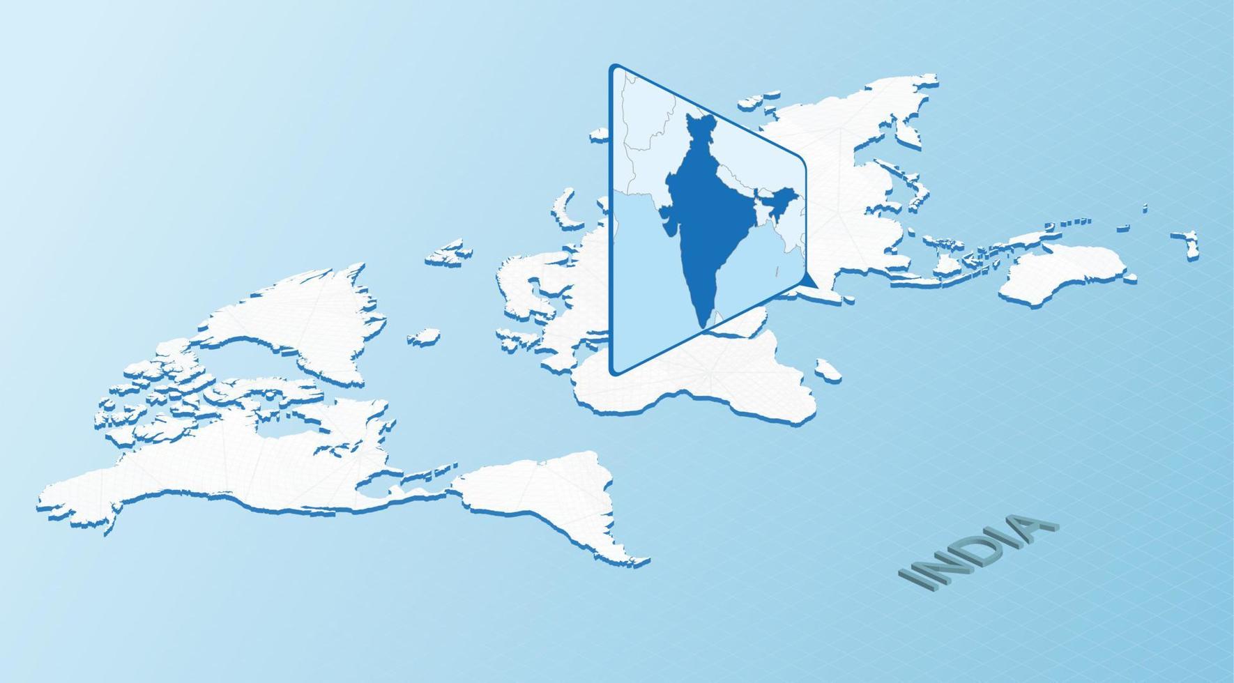 carte du monde en style isométrique avec carte détaillée de l'inde. carte de l'inde bleu clair avec carte du monde abstraite. vecteur