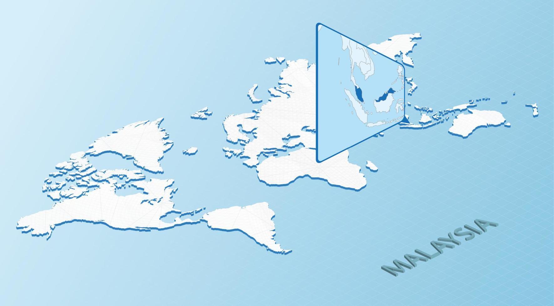 carte du monde en style isométrique avec carte détaillée de la malaisie. carte malaisie bleu clair avec carte du monde abstraite. vecteur