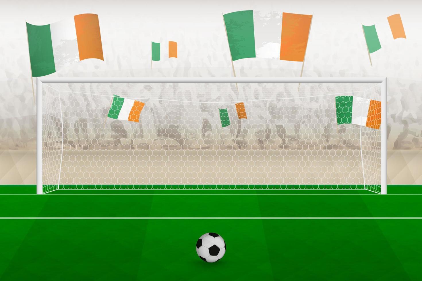 fans de l'équipe de football d'irlande avec des drapeaux d'irlande acclamant le stade, concept de coup de pied de pénalité dans un match de football. vecteur