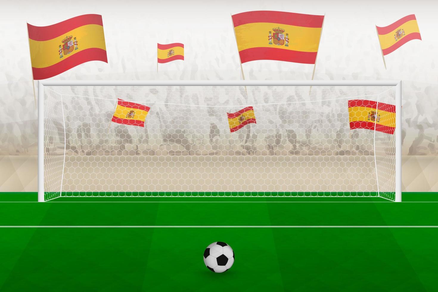 fans de l'équipe de football d'espagne avec des drapeaux d'espagne acclamant le stade, concept de coup de pied de pénalité dans un match de football. vecteur