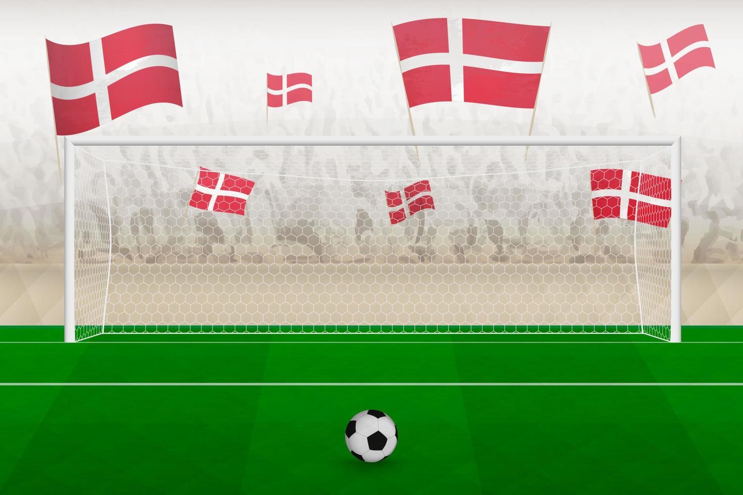 fans de l'équipe de football du danemark avec des drapeaux du danemark acclamant le stade, concept de coup de pied de pénalité dans un match de football. vecteur