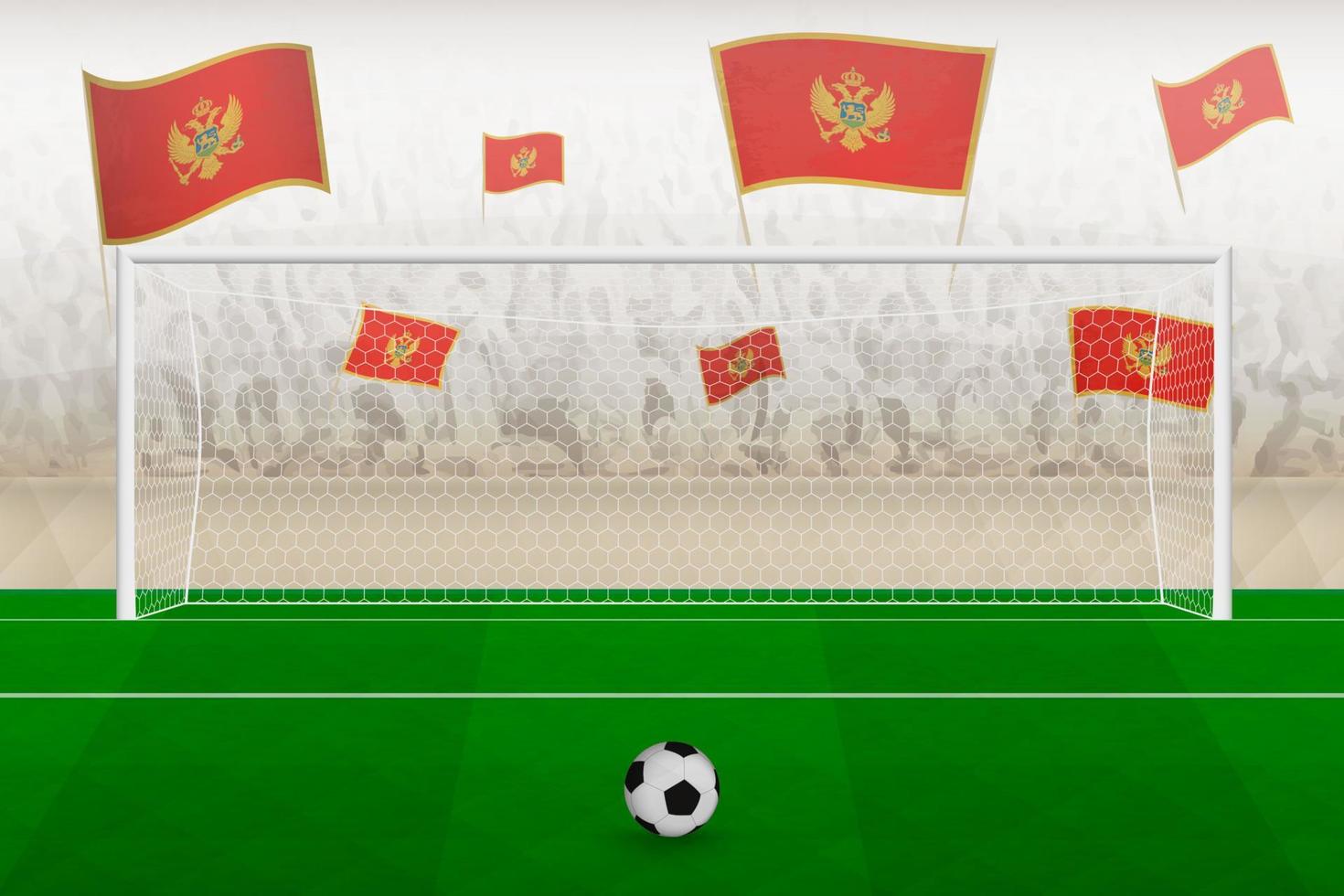 fans de l'équipe de football du monténégro avec des drapeaux du monténégro acclamant le stade, concept de coup de pied de pénalité dans un match de football. vecteur