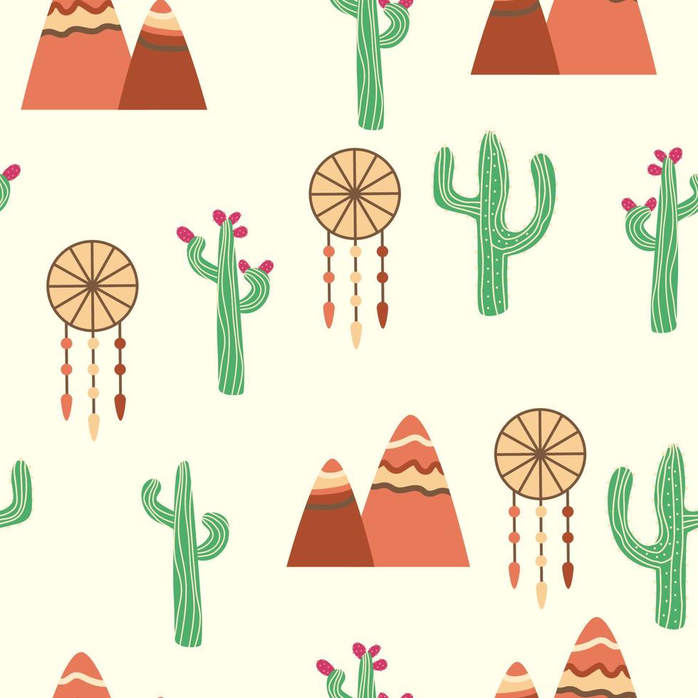 belle illustration de modèle de désert sans couture vintage. paysage avec cactus, montagnes, nuages, dreamcatcher vecteur