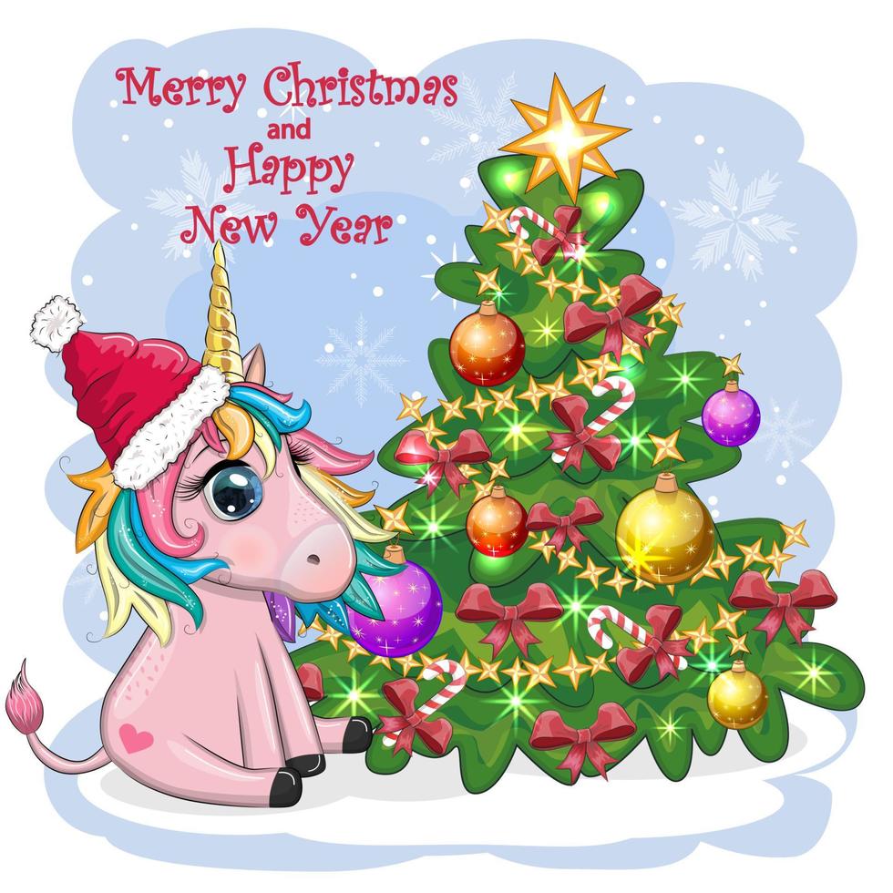 Licorne de dessin animé mignon en bonnet de Noel près de l'arbre de Noël avec des cadeaux, des boules. carte de voeux de nouvel an et de noël. vecteur