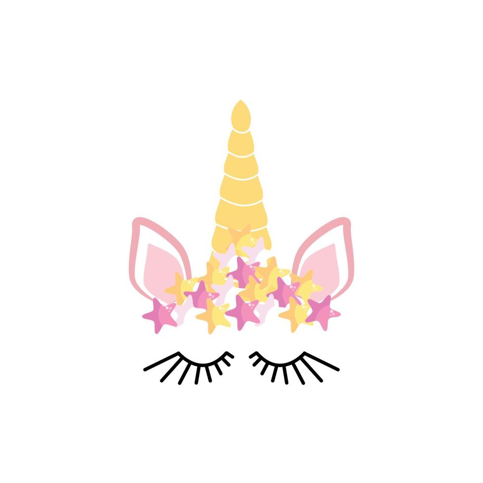 fabuleuse licorne mignonne avec corne dorée dorée et yeux fermés avec fleurs et cils vecteur