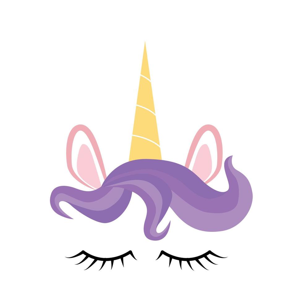 fabuleuse licorne mignonne avec corne dorée dorée et yeux fermés avec fleurs et cils vecteur