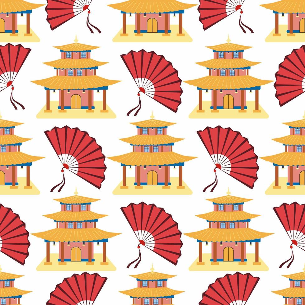 modèle sans couture de maison chinoise de dessin animé. symboles chinois de la pièce avec hiéroglyphes, yin-yang, éventail rouge, lanternes. vecteur