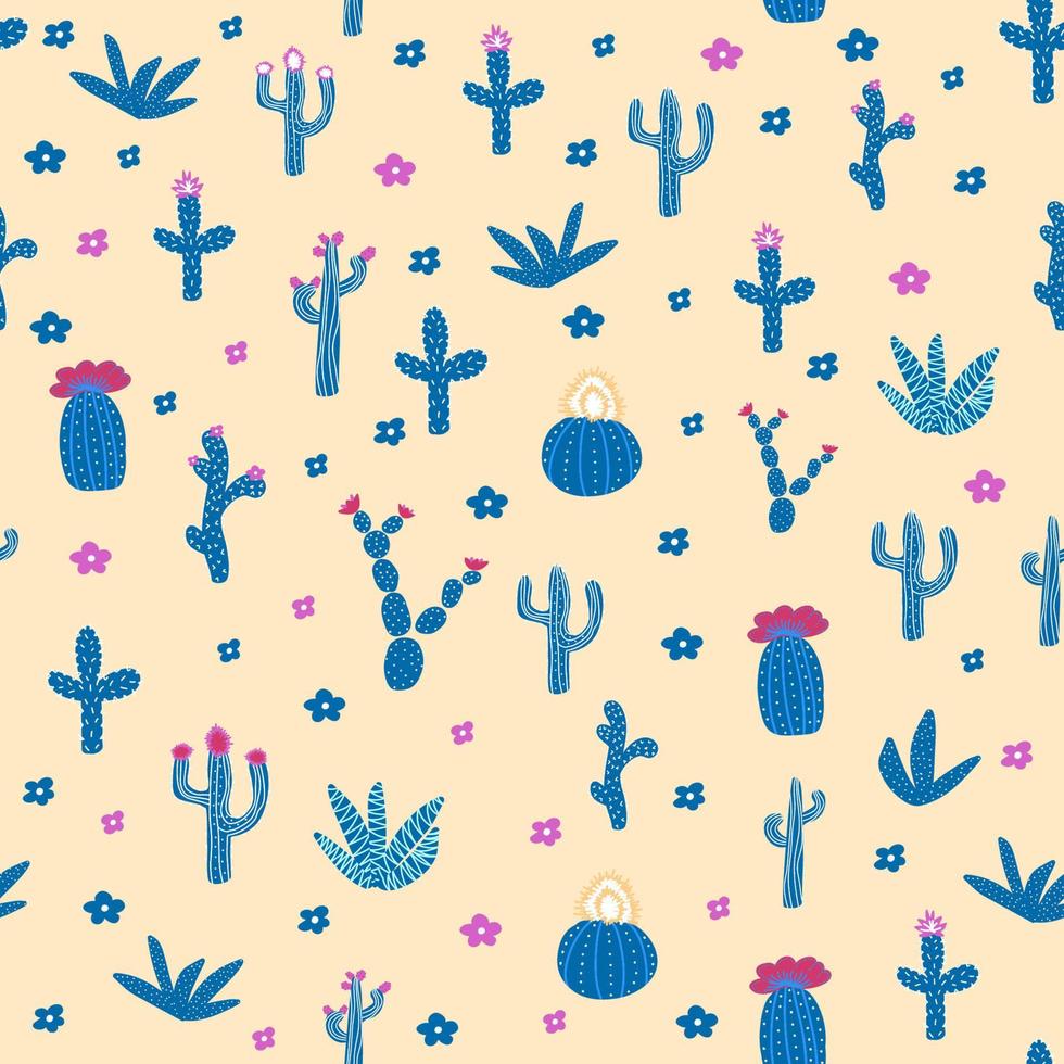 modèles sans couture avec différents cactus. texture répétitive lumineuse avec des cactus bleus. fond avec des plantes du désert. vecteur