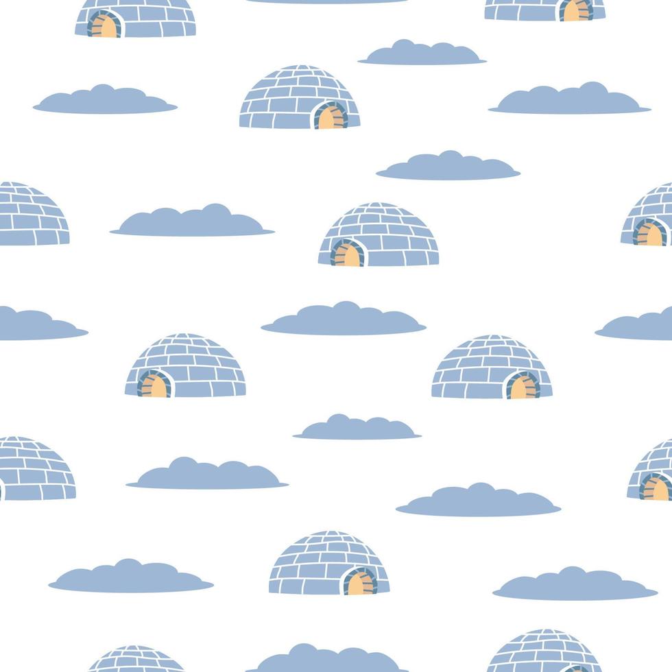 modèle sans couture d'igloo bleu. fond d'hiver blanc. glacière de dessin à la main. maison esquimau. carte d'hiver. vecteur