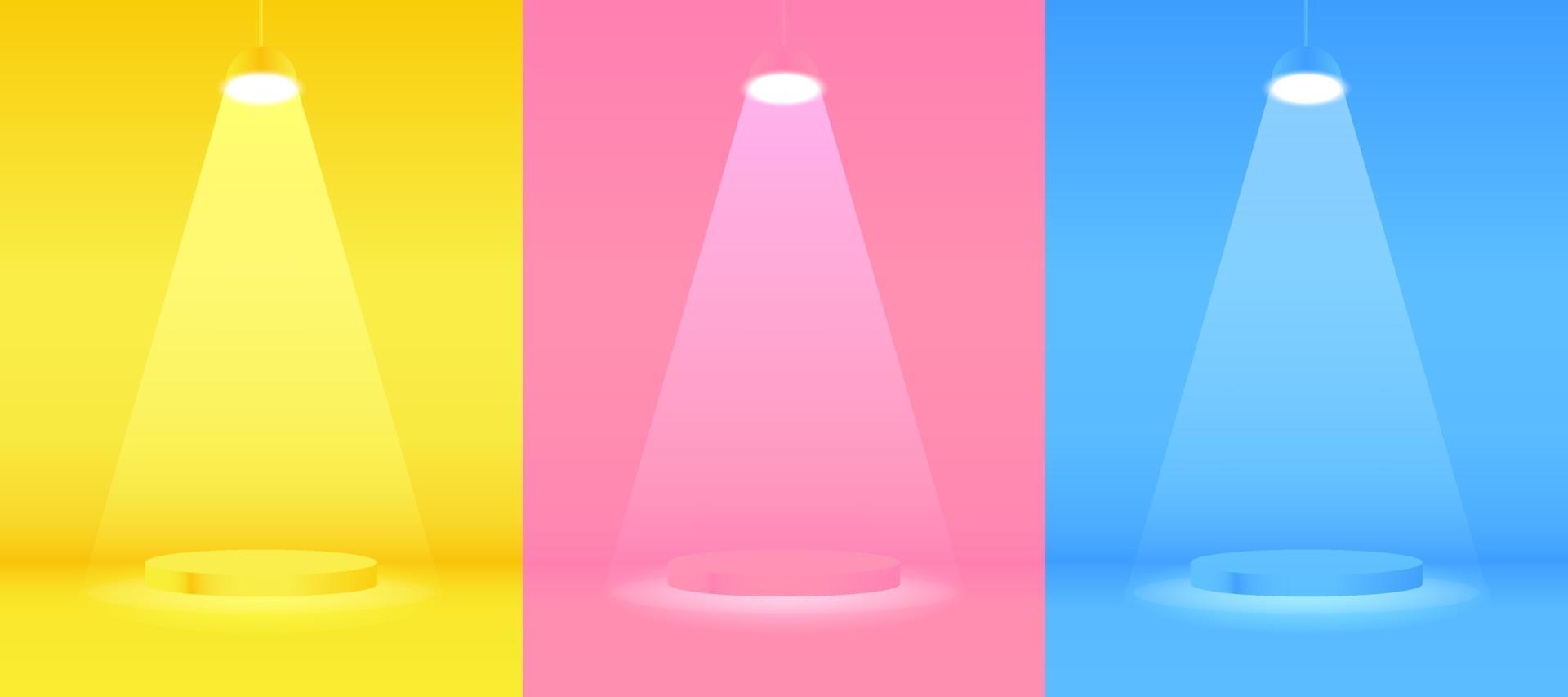 ensemble de podium de cylindre flottant 3d réaliste jaune, bleu foncé, rouge avec lampes au néon suspendues. vitrine de scène, affichage de produits. formes géométriques de rendu vectoriel. scène minimale abstraite. vecteur