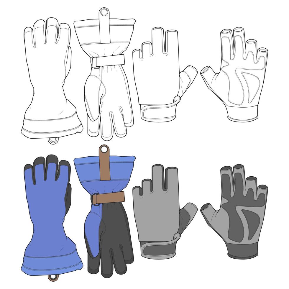 ensemble d'objets isolés de gant et d'icône d'hiver. ensemble de vecteur de gant et d'équipement pour le stock de livres à colorier.