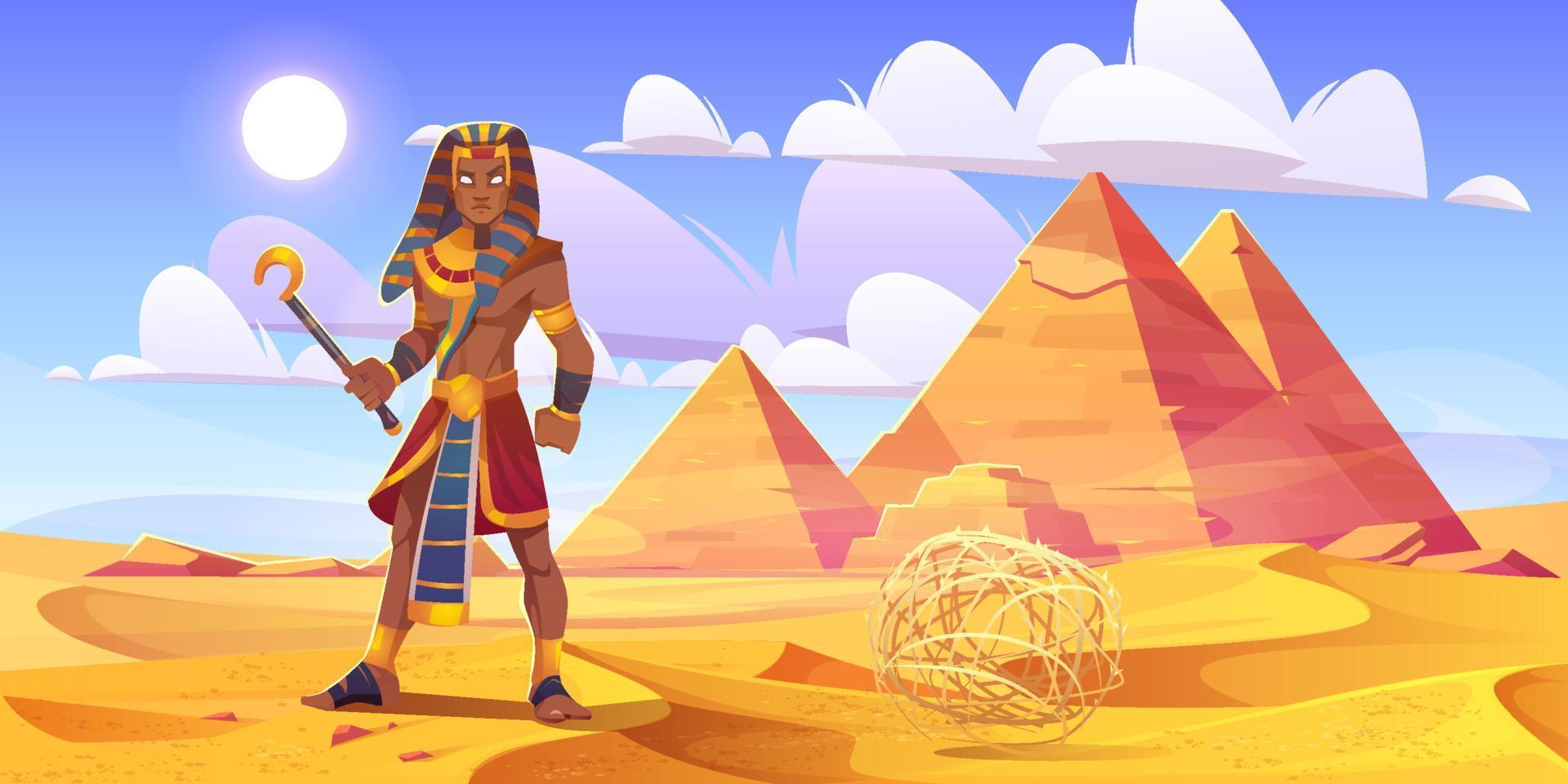 ancien pharaon égyptien dans le désert avec des pyramides vecteur