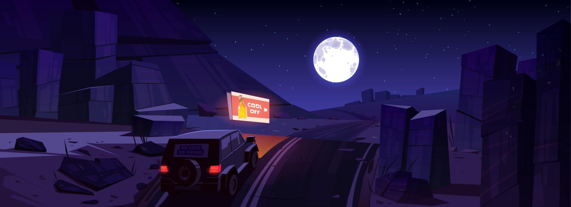 désert de nuit avec voiture sur route et panneau d'affichage vecteur