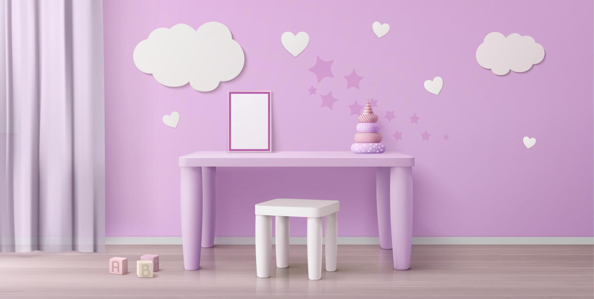 chambre d'enfant avec table rose, chaise et affiche blanche vecteur