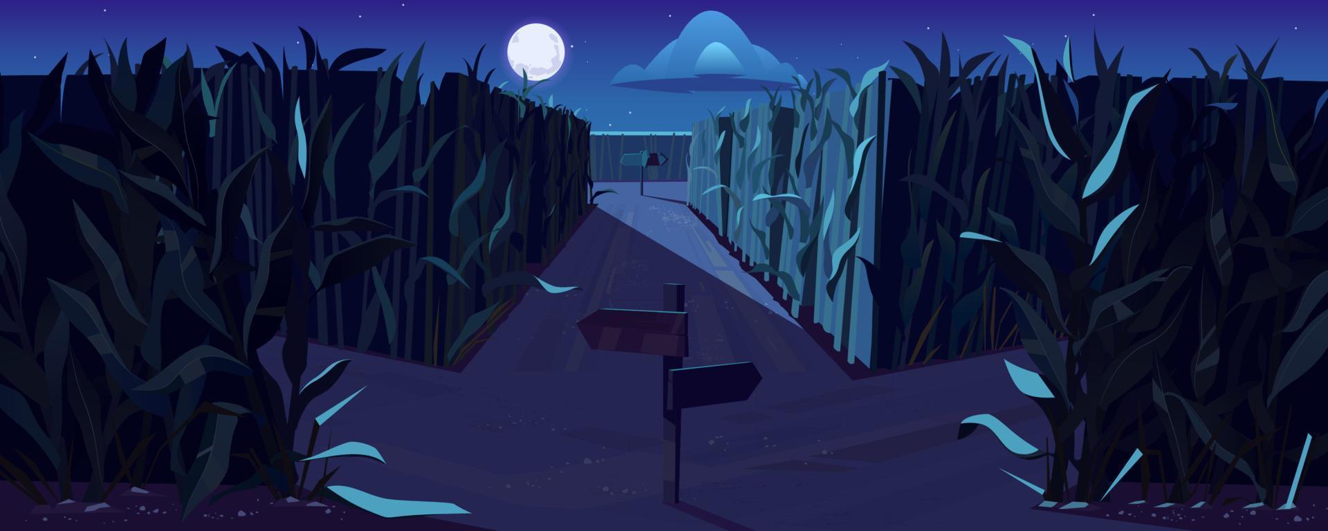 route sur champ de maïs avec fourche la nuit vecteur