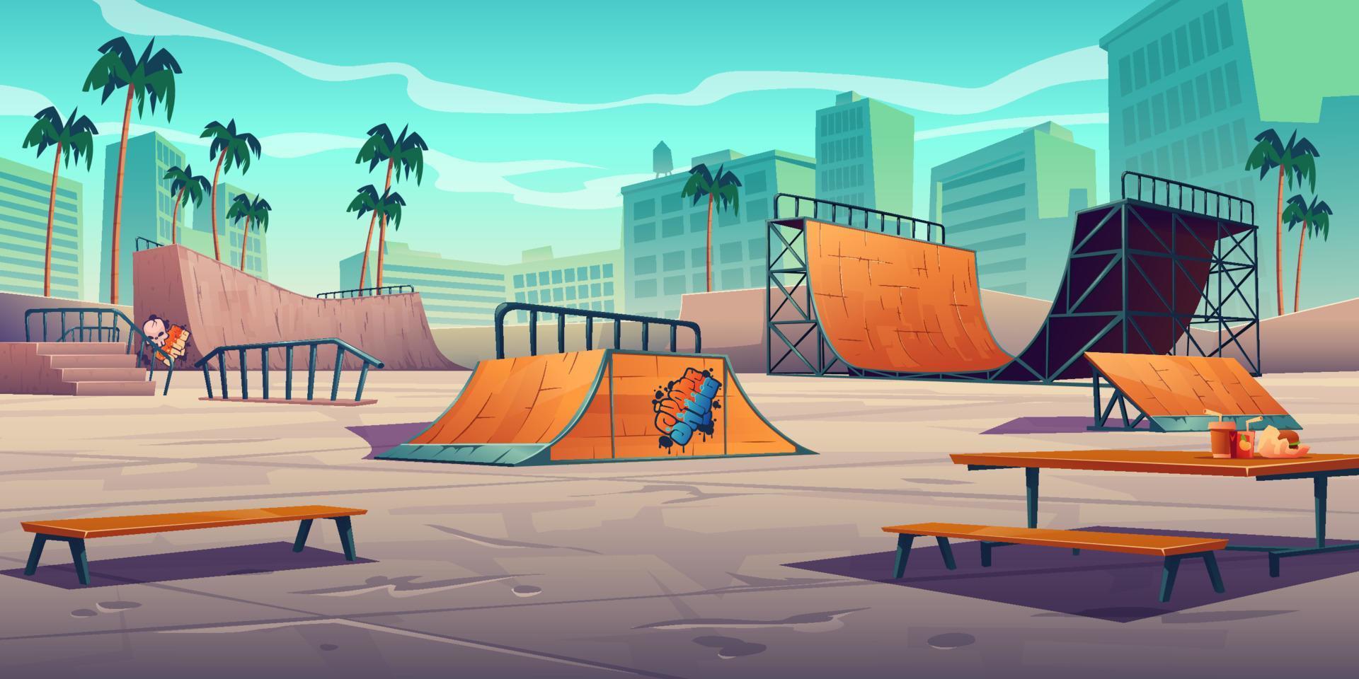skate park avec rampes dans la ville tropicale vecteur