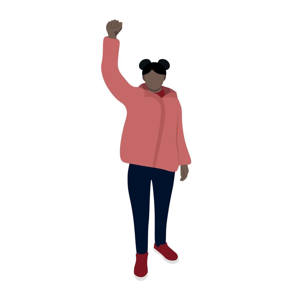 une fille noire dans une veste rose se tient avec sa main levée, vecteur plat, isoler sur blanc, protestation, illustration sans visage