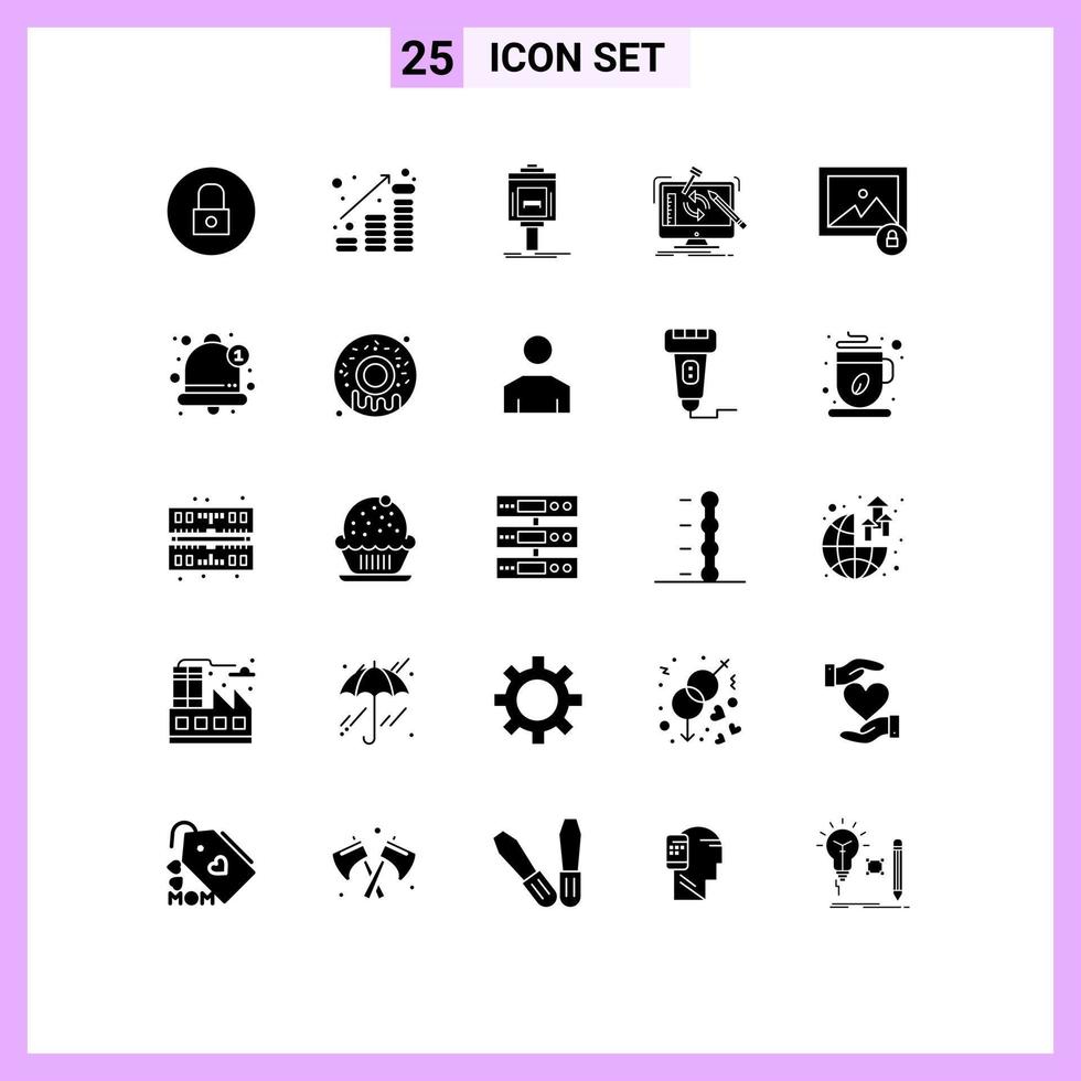 25 ensemble de glyphes solides universels pour le projet d'atelier d'applications web et mobiles vecteur