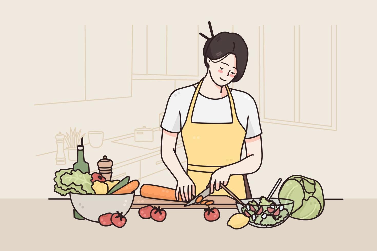 concept de régime alimentaire et de mode de vie sain. jeune personnage de dessin animé féminin souriant en tablier debout dans la cuisine et coupant des légumes faisant une salade fraîche saine pour le déjeuner illustration vectorielle vecteur