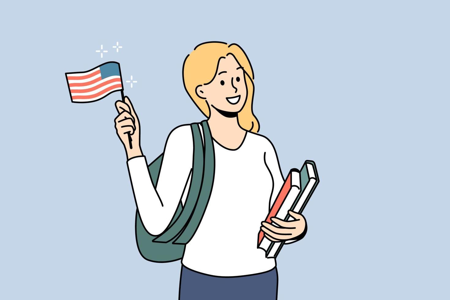 étudiante souriante avec sac à dos et livres tenant le drapeau américain dans les mains. femme heureuse prête pour un programme d'études internationales à l'étranger. illustration vectorielle. vecteur