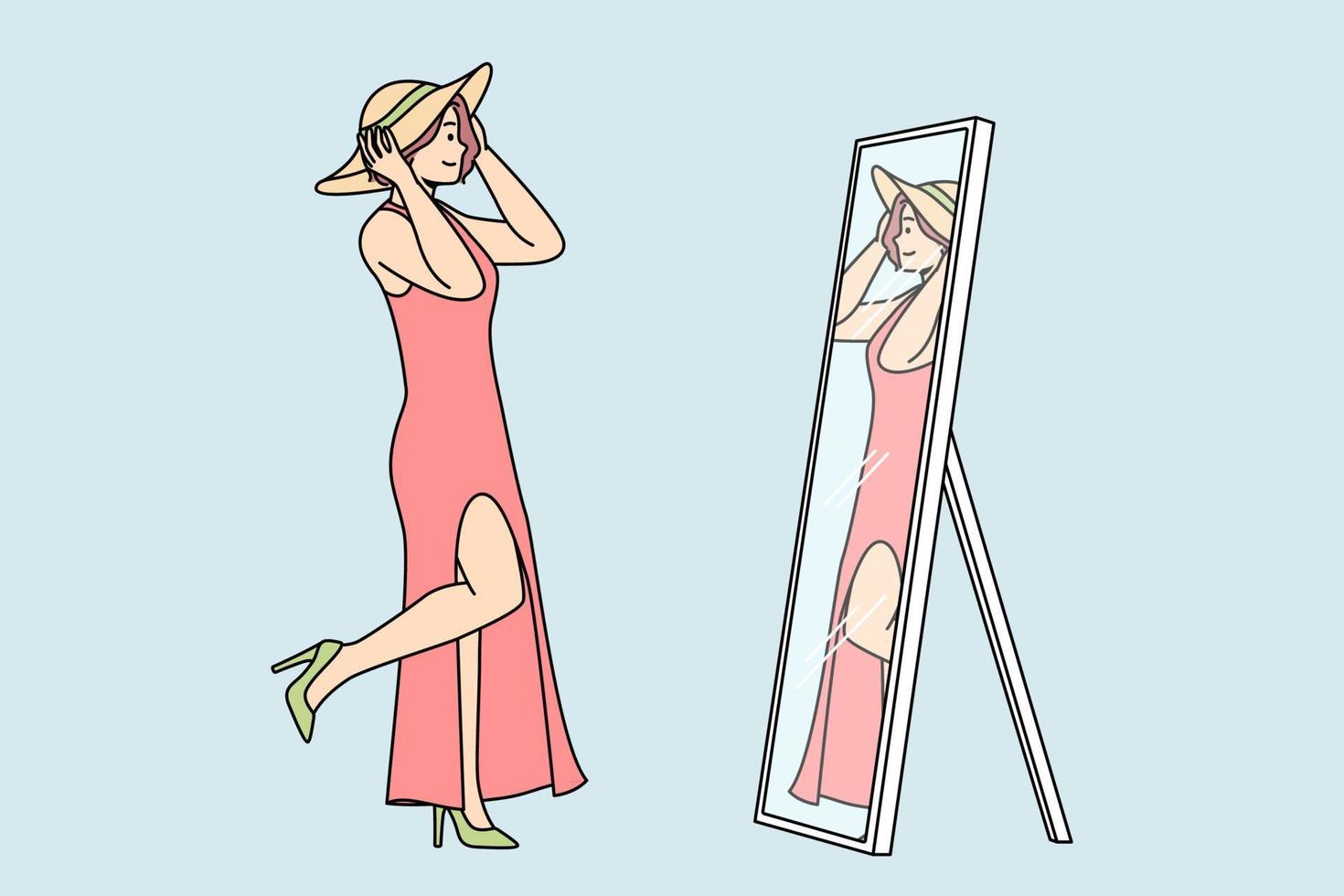 jeune femme en robe, chaussures, essaie le chapeau devant le miroir. la fille choisit de regarder pour la promenade d'été. la dame aime faire du shopping, rafraîchit sa garde-robe. illustration colorée linéaire vectorielle isolée sur bleu. vecteur