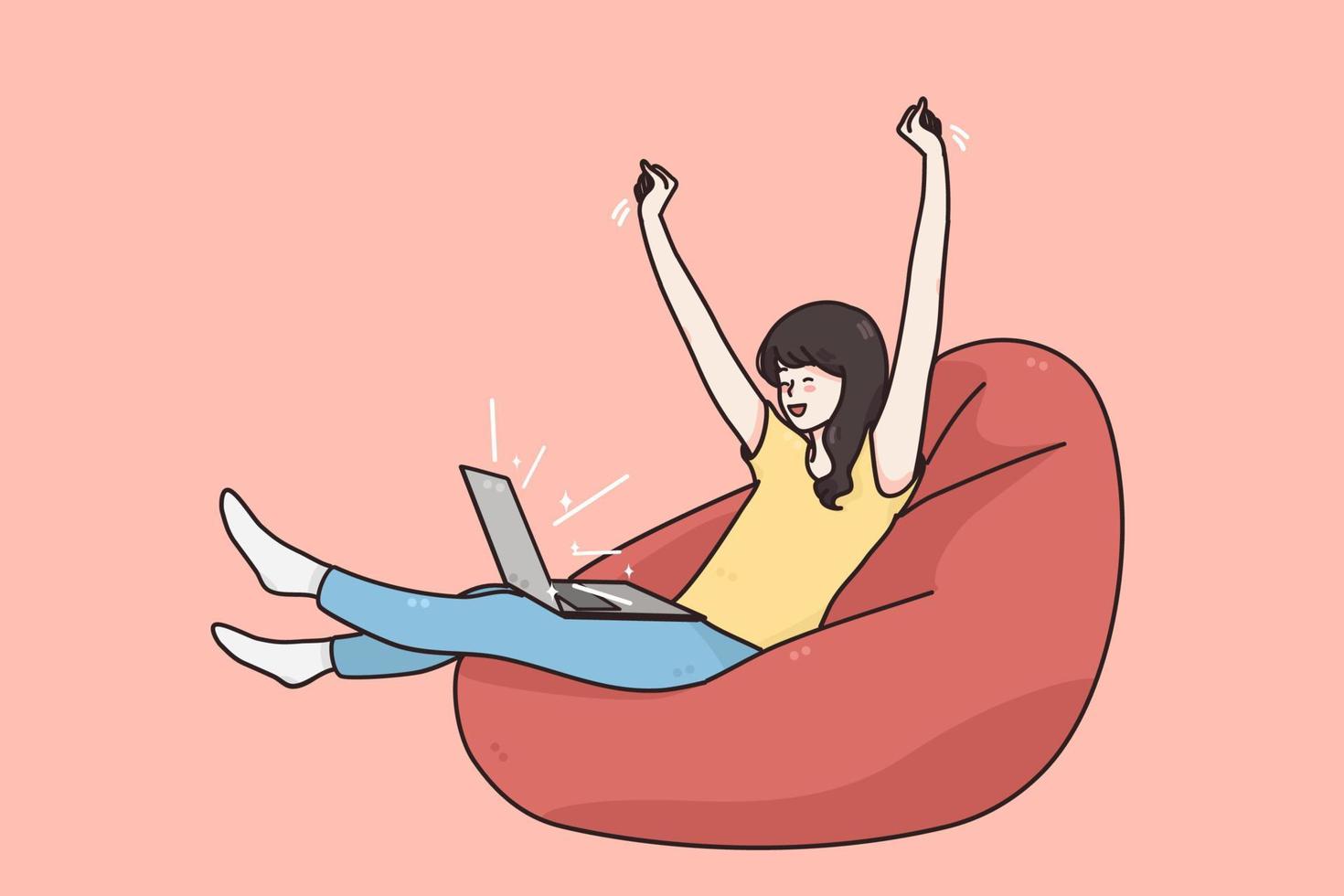 célébrer la victoire, les technologies, le concept d'émotions positives. portrait d'une jolie fille excitée joyeuse assise sur une chaise à l'aide d'un ordinateur portable célébrant la victoire sur l'illustration vectorielle de fond rose vecteur