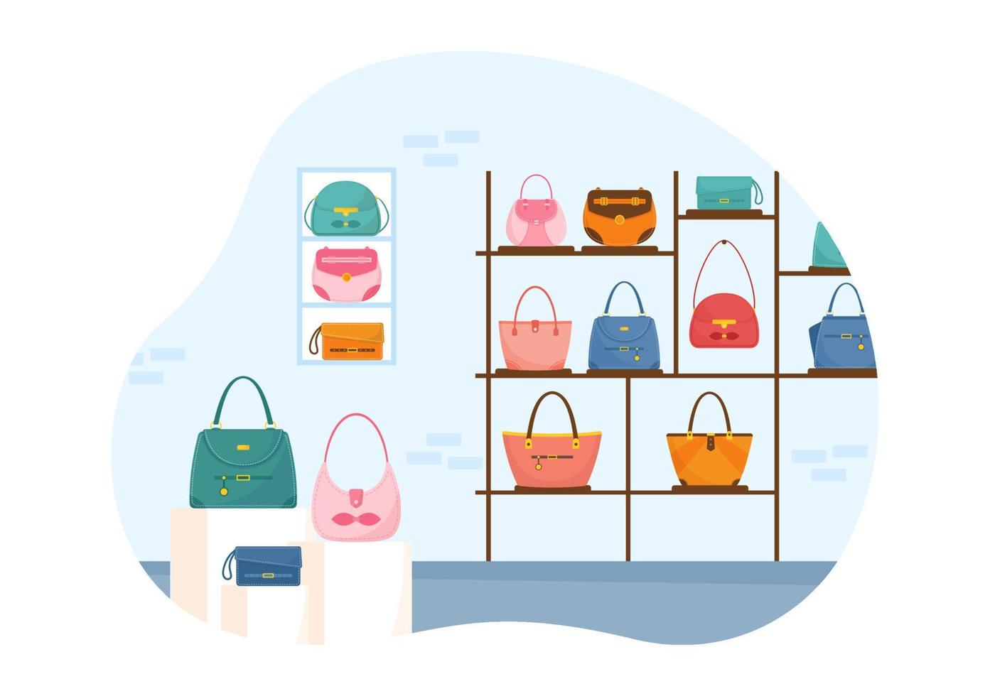 magasin de sacs à main avec collection de divers sacs de qualité et différents types de style de vie en illustration de modèle de dessin animé plat dessiné à la main vecteur