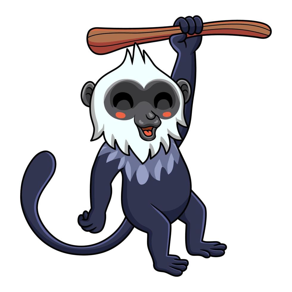 dessin animé mignon de langur à tête blanche suspendu à un arbre vecteur