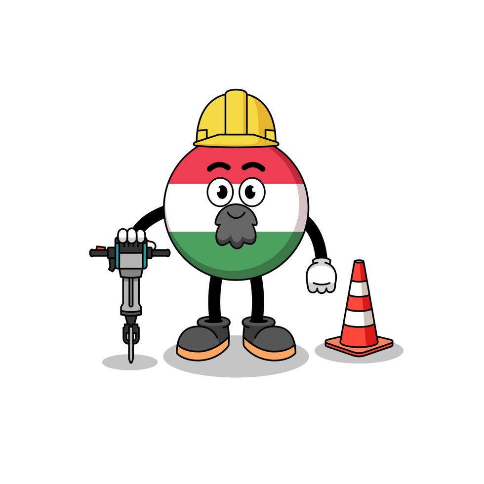 caricature de personnage du drapeau de la hongrie travaillant sur la construction de routes vecteur