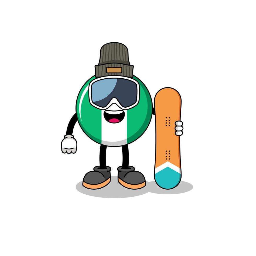 caricature de mascotte de joueur de snowboard drapeau nigeria vecteur