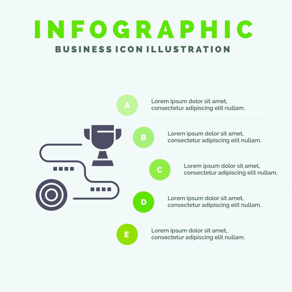 réalisation cible succès chemin gagner solide icône infographie 5 étapes présentation arrière-plan vecteur