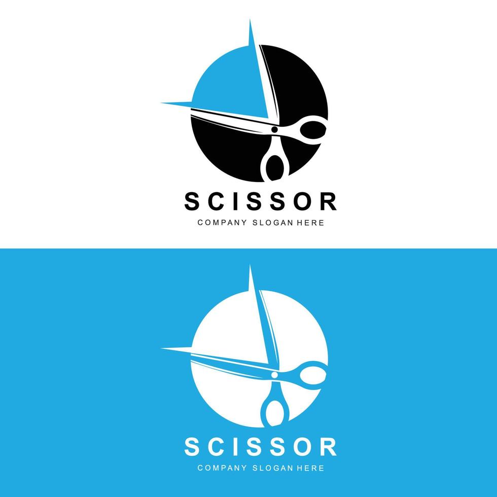 création de logo de ciseaux, illustration vectorielle icône d'outil de coupe autocollant bannière et marque de société de coiffeur vecteur