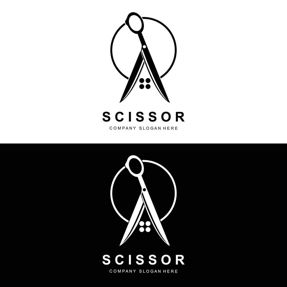 création de logo de ciseaux, illustration vectorielle icône d'outil de coupe autocollant bannière et marque de société de coiffeur vecteur