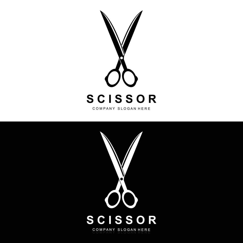 création de logo de ciseaux, illustration vectorielle icône d'outil de coupe autocollant bannière et marque de société de coiffeur vecteur