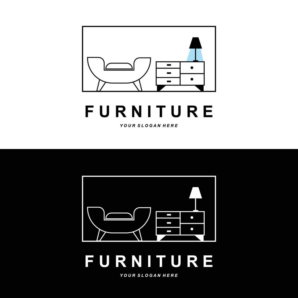 logo de meuble, design d'ameublement, illustration d'icône de chambre, table, chaise, lampe, cadre, horloge, pot de fleur vecteur