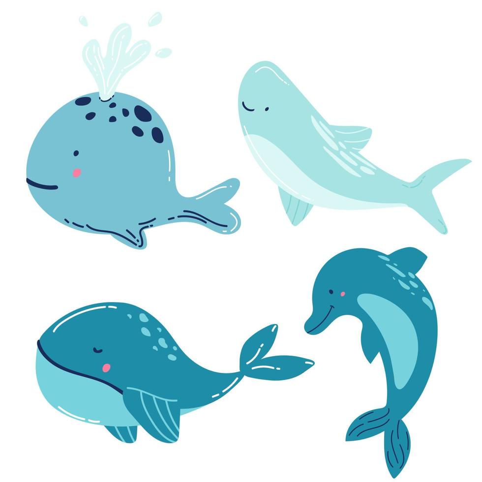 ensemble de mammifères marins baleines bleues, requins, cachalots, dauphins, bélugas, épaulards narvals. graphiques vectoriels de dessin animé vecteur