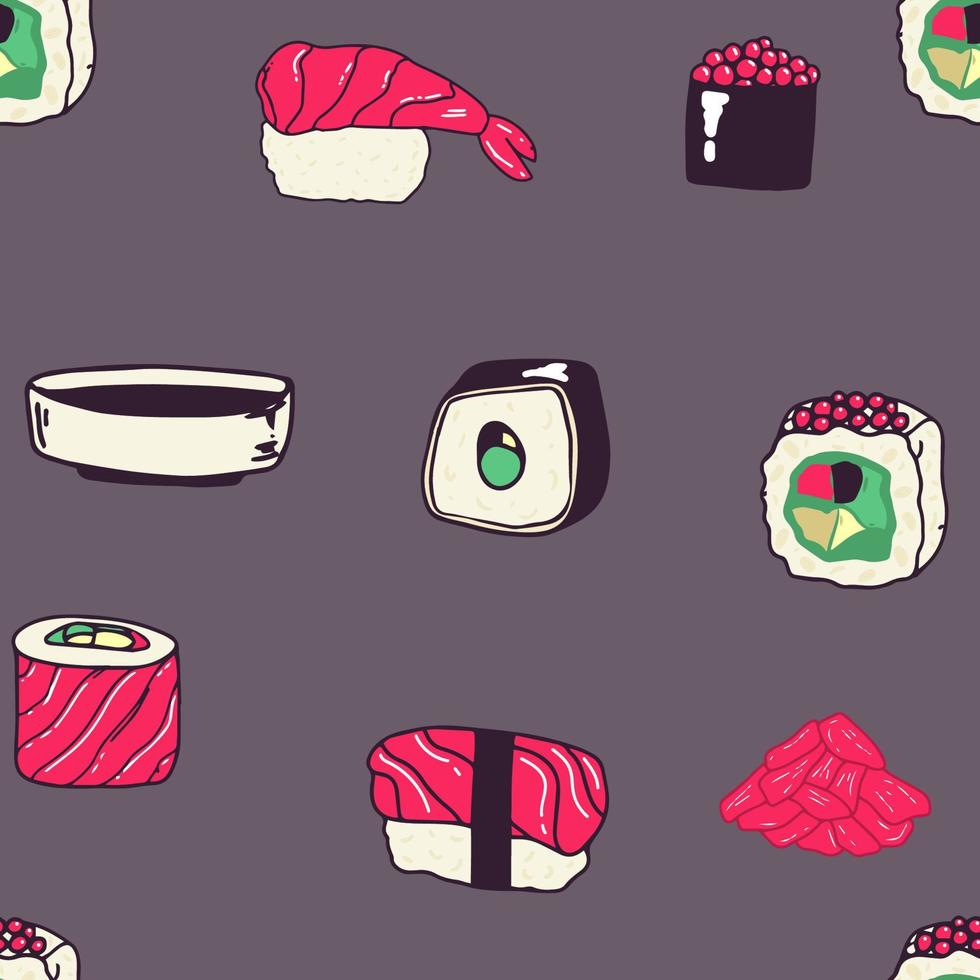 motif de sushi sans soudure de vecteur sushi icônes isolées dans un motif sans couture, illustration vectorielle. conception de papier d'emballage pour les colis de livraison de nourriture de restaurant japonais.