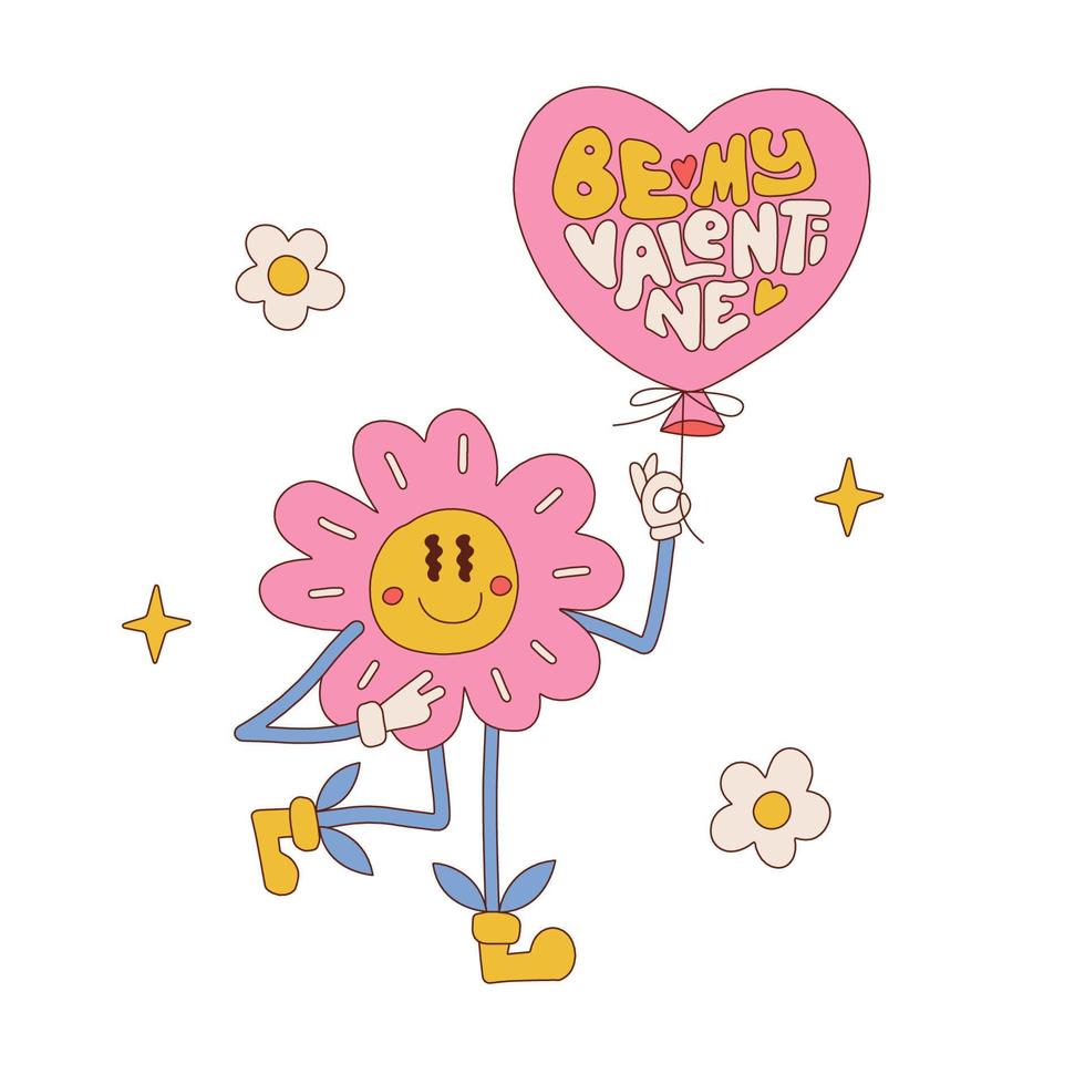 être mon clipart isolé de lettrage de la Saint-Valentin. Personnage de fleur de dessin animé de style rétro des années 60 pour le modèle d'impression de conception de t-shirt. contour vectoriel illustration dessinée à la main. la mascotte groovy montre un geste de paix.