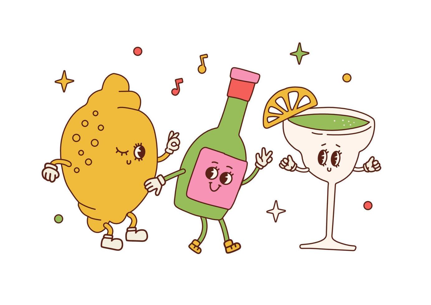 ensemble de personnages rétro drôles de tequila, citron vert et margarita. jolie cuisine mexicaine et danse des boissons. fête latino-américaine. Illustration de vecteur de dessin animé des années 40 isolée sur fond. conception de concept de meilleurs amis.