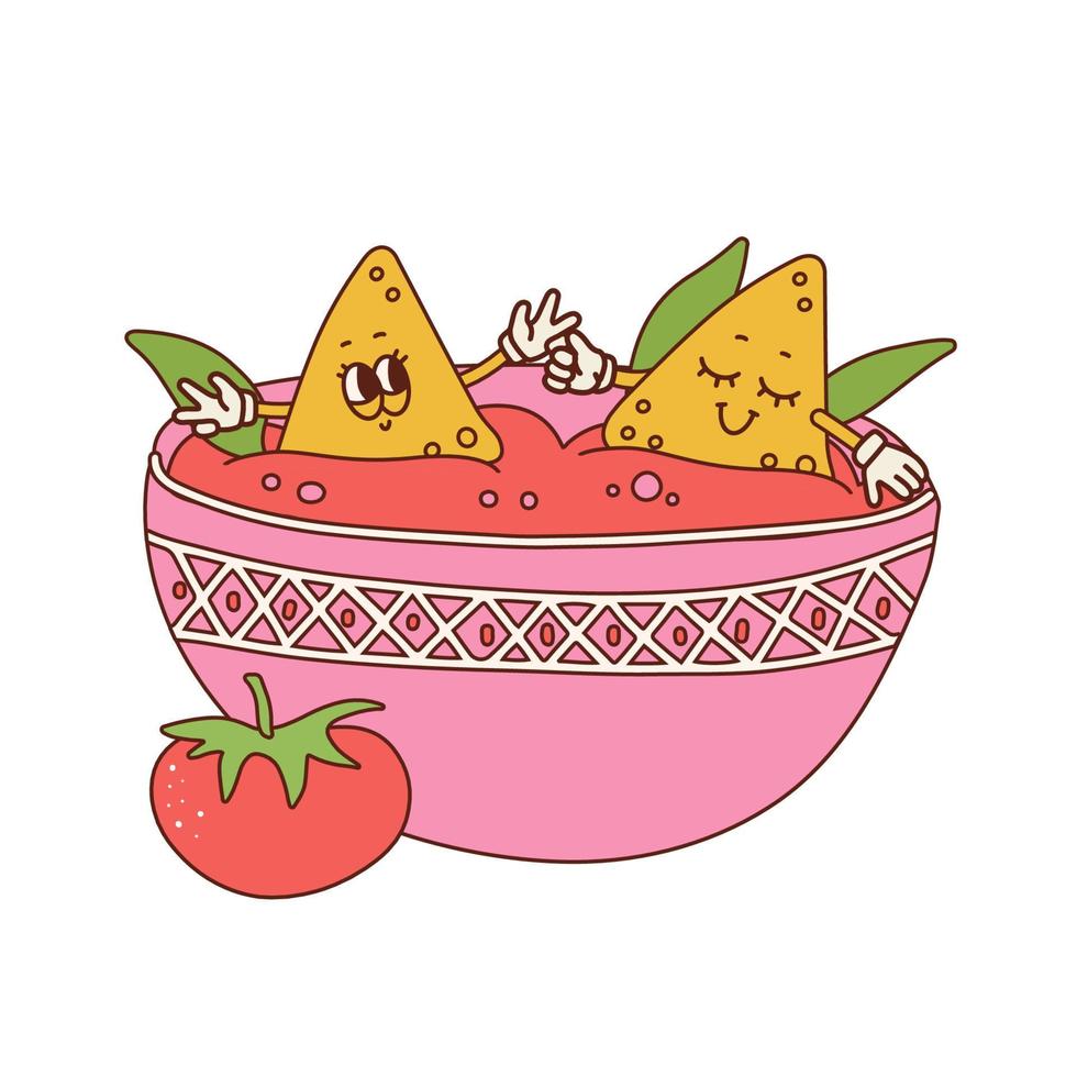 drôles de personnages de dessins animés rétro nachos prenant un bain dans un bol de sauce tomate salsa. mascotte de cuisine latino-américaine et mexicaine. illustration linéaire dessinée à la main de vecteur