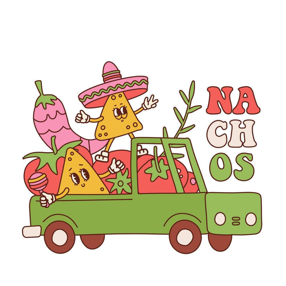 personnages de nacho de dessin animé rétro mignons en ramassage avec des légumes frais pour la cuisson de la sauce salsa. conception d'illustration de mascotte de ventage de vecteur. isolé sur fond blanc. récolte mexicaine. vecteur