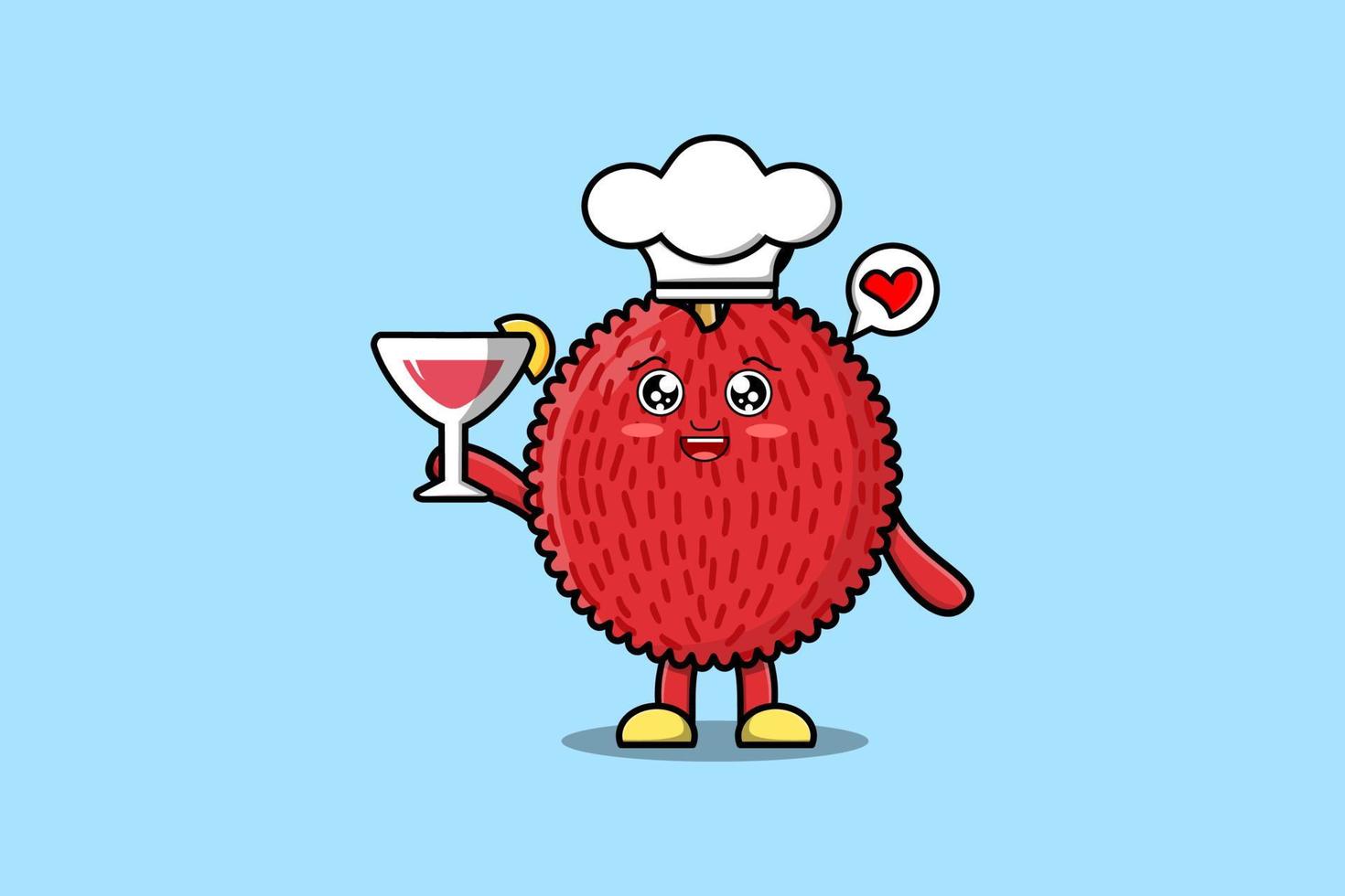 mignon, dessin animé, litchi, chef, caractère, tenir, verre vin vecteur